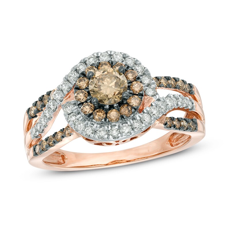 Main Image 1 of 1 CT. T.W. Champagne and White Diamond Cluster Frame Engagement Ring in 10K Rose Gold