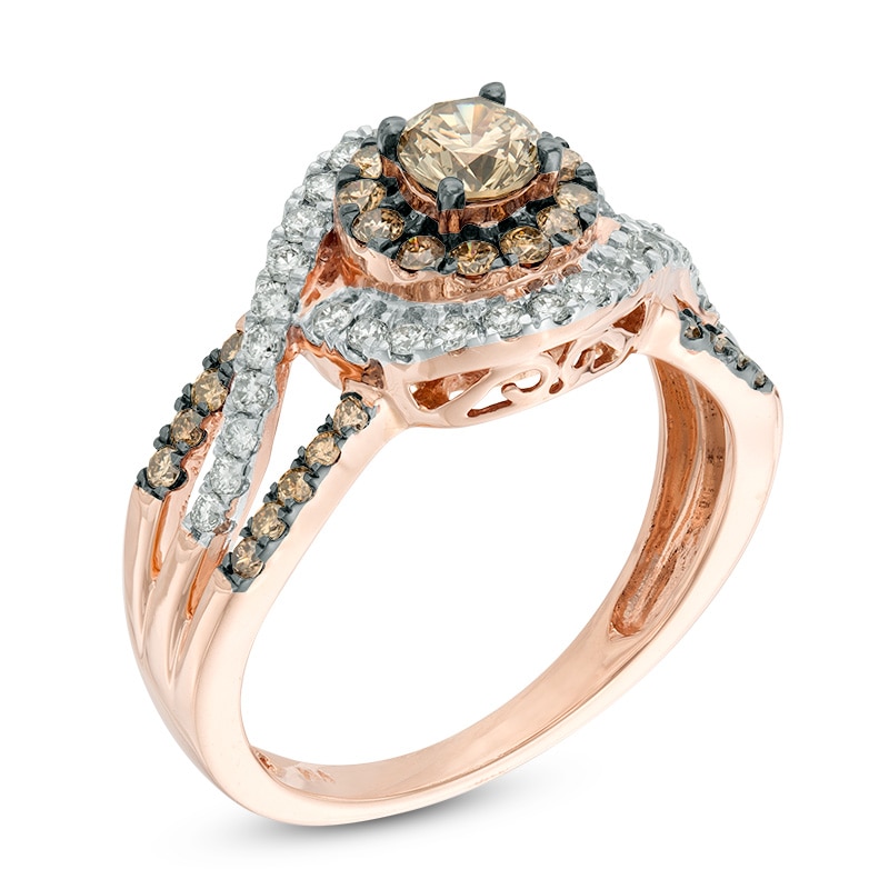 1 CT. T.W. Champagne and White Diamond Cluster Frame Engagement Ring in 10K Rose Gold