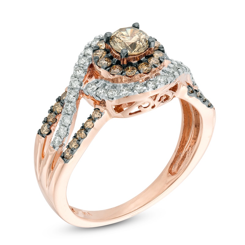 Main Image 2 of 1 CT. T.W. Champagne and White Diamond Cluster Frame Engagement Ring in 10K Rose Gold