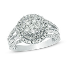 Clearance Rings Zales T W Round And Baguette Diamond Composite Double Frame Engagement Ring In 10k White