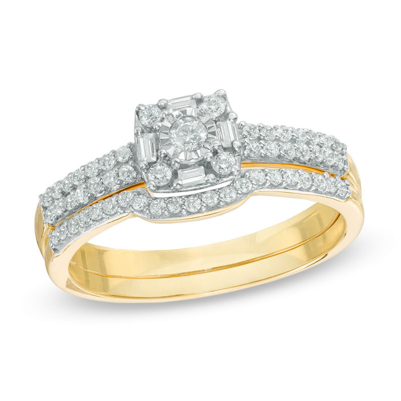 1/3 CT. T.W. Diamond Cushion Frame Double-Row Bridal Set in 10K Gold