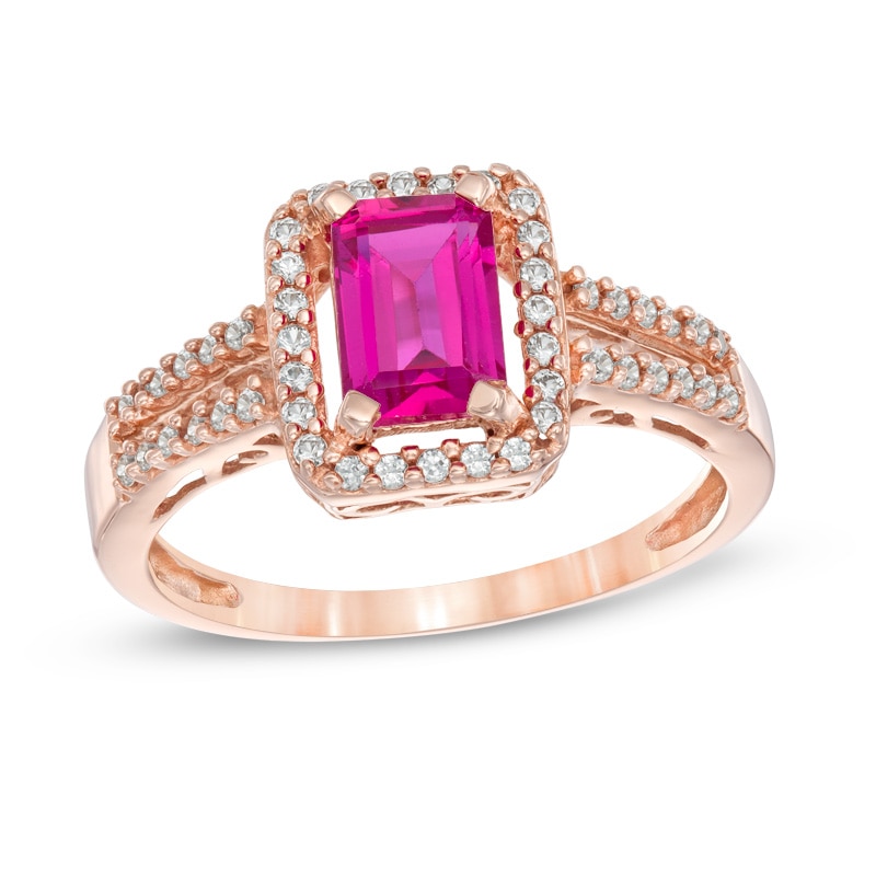 Octagonal Lab-Created Ruby and White Sapphire Frame Ring in 10K Rose Gold