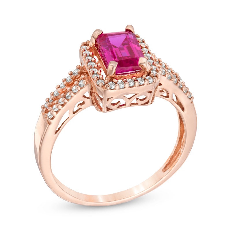 Octagonal Lab-Created Ruby and White Sapphire Frame Ring in 10K Rose Gold