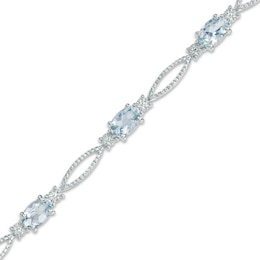 Oval Aquamarine and Diamond Accent Bracelet in Sterling Silver - 7.25&quot;