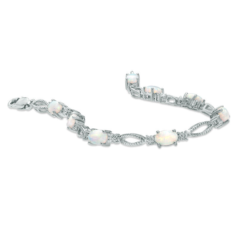 Oval Lab-Created Opal and Diamond Accent Bracelet in Sterling Silver - 7.25"