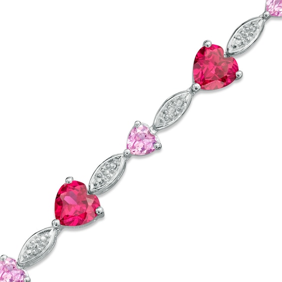 Heart-Shaped Lab-Created Ruby and Pink Sapphire with Diamond Accent Bracelet in Sterling Silver - 7.25" Heart-Shaped Lab-Created Ruby and Pink Sapphire with Diamond Accent Bracelet in Sterling Silver - 7.25"