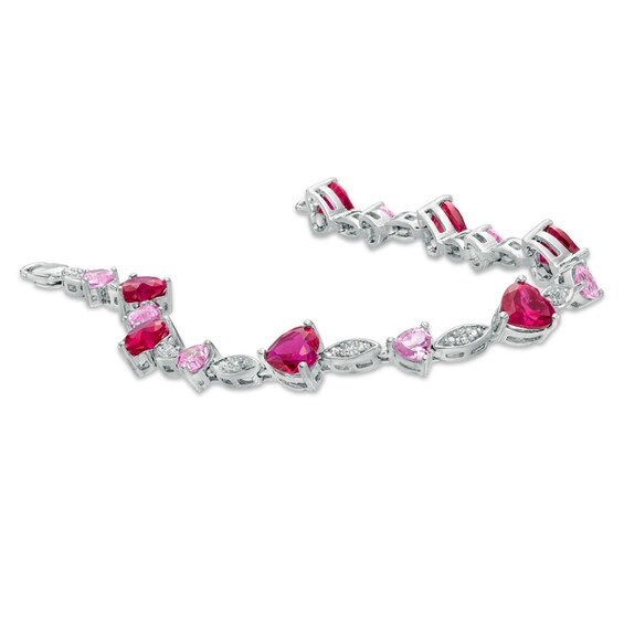 Heart-Shaped Lab-Created Ruby and Pink Sapphire with Diamond Accent Bracelet in Sterling Silver - 7.25" Heart-Shaped Lab-Created Ruby and Pink Sapphire with Diamond Accent Bracelet in Sterling Silver - 7.25"