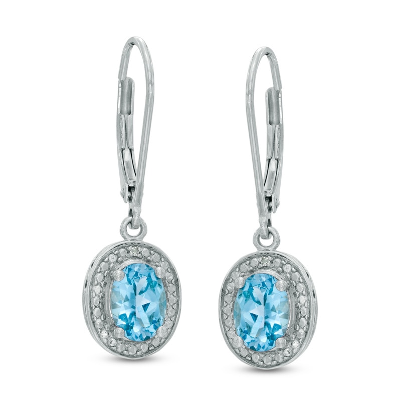 Main Image 1 of Oval Blue Topaz and Diamond Accent Frame Drop Earrings in Sterling Silver