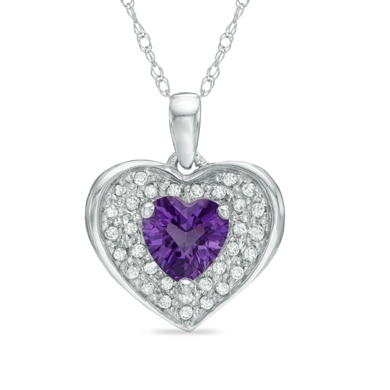 6.0mm Heart-Shaped Amethyst and 1/8 CT. T.W. Diamond Frame Heart Pendant in 10K White Gold