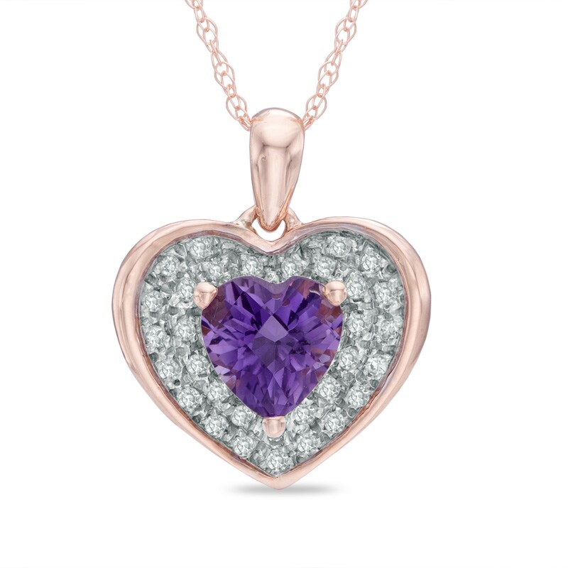 Main Image 1 of 6.0mm Heart-Shaped Amethyst and 1/8 CT. T.W. Diamond Frame Heart Pendant in 10K Rose Gold