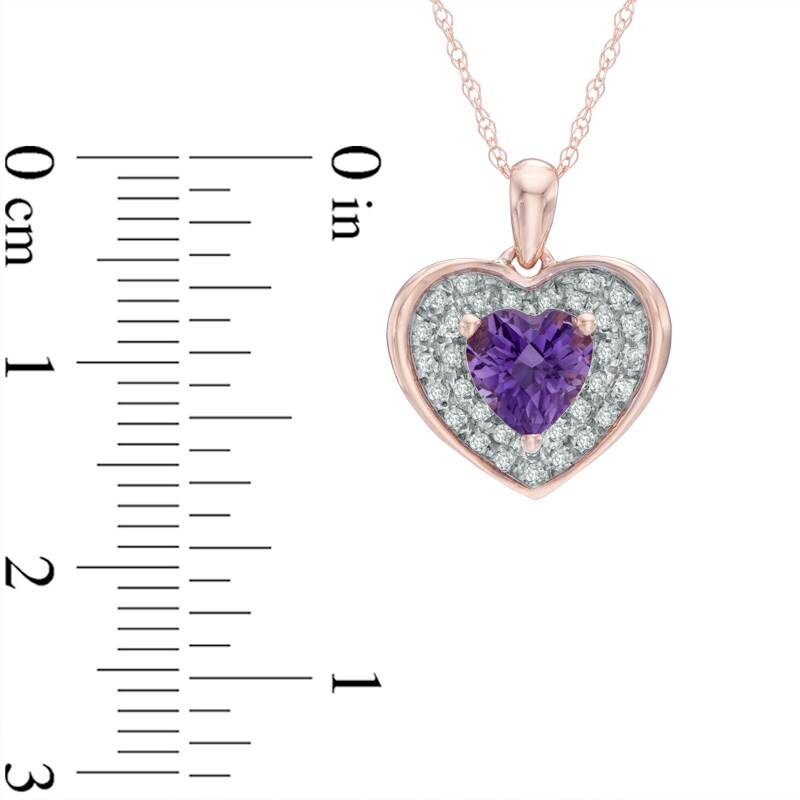 Main Image 2 of 6.0mm Heart-Shaped Amethyst and 1/8 CT. T.W. Diamond Frame Heart Pendant in 10K Rose Gold