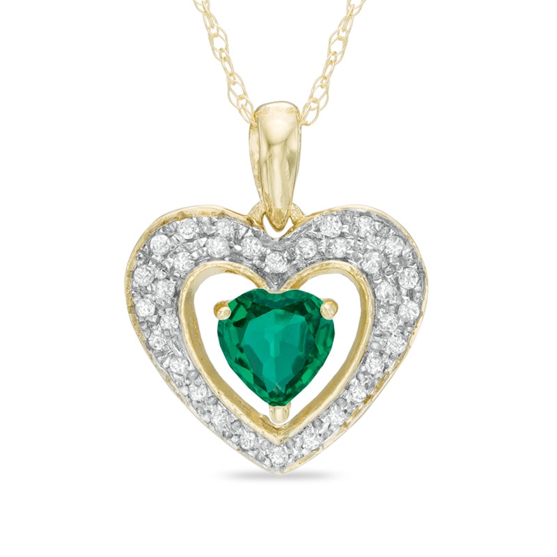 5.0mm Heart-Shaped Lab-Created Emerald and 1/8 CT. T.W. Diamond Frame Heart Pendant in 10K Gold