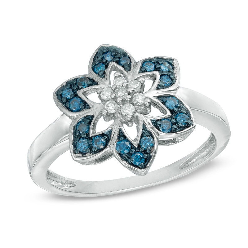 1/4 CT. T.W. Enhanced Blue and White Diamond Flower Ring in Sterling Silver - Size 7