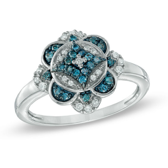 1/4 CT. T.w. Enhanced Blue and White Diamond Vintage-Style Clover Ring in Sterling Silver