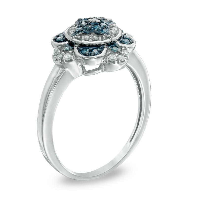 1/4 CT. T.W. Enhanced Blue and White Diamond Vintage-Style Clover Ring in Sterling Silver