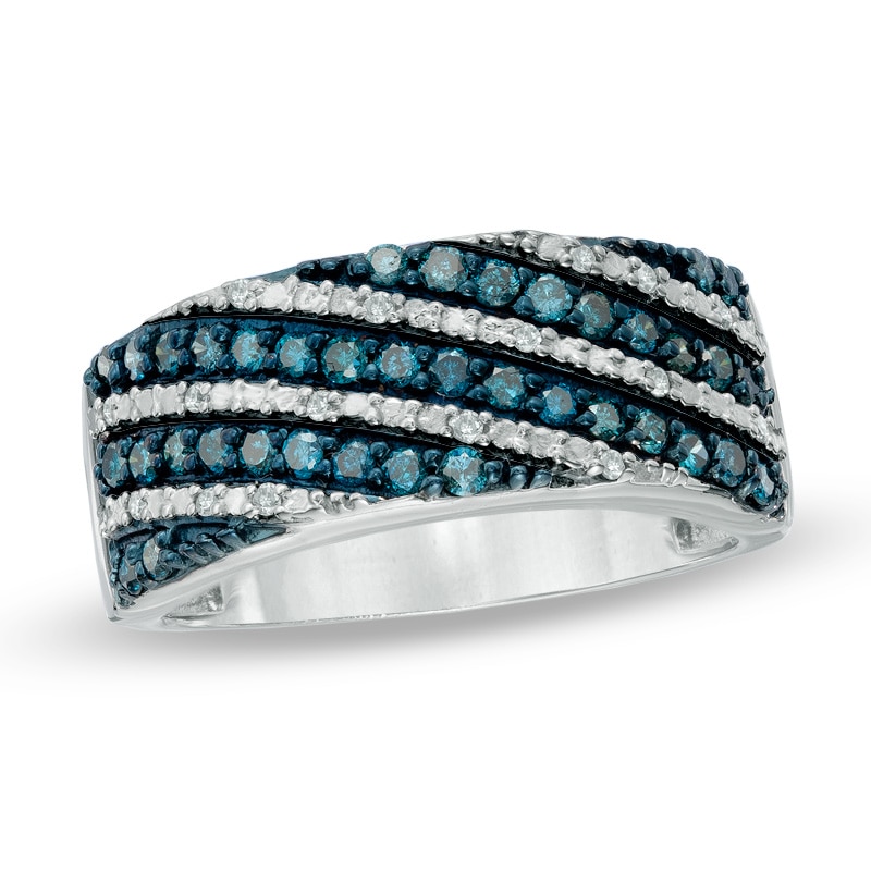 1/2 CT. T.W. Enhanced Blue and White Diamond Slant Multi-Row Band in Sterling Silver