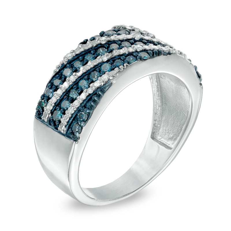 Main Image 2 of 1/2 CT. T.W. Enhanced Blue and White Diamond Slant Multi-Row Band in Sterling Silver