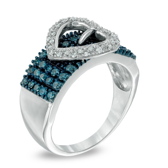 1/2 CT. T.w. Enhanced Blue and White Diamond Heart-Shaped Buckle Ring in Sterling Silver
