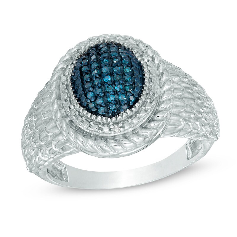 1/8 CT. T.W. Enhanced Blue and White Diamond Oval Framed Feathered Ring in Sterling Silver - Size 7