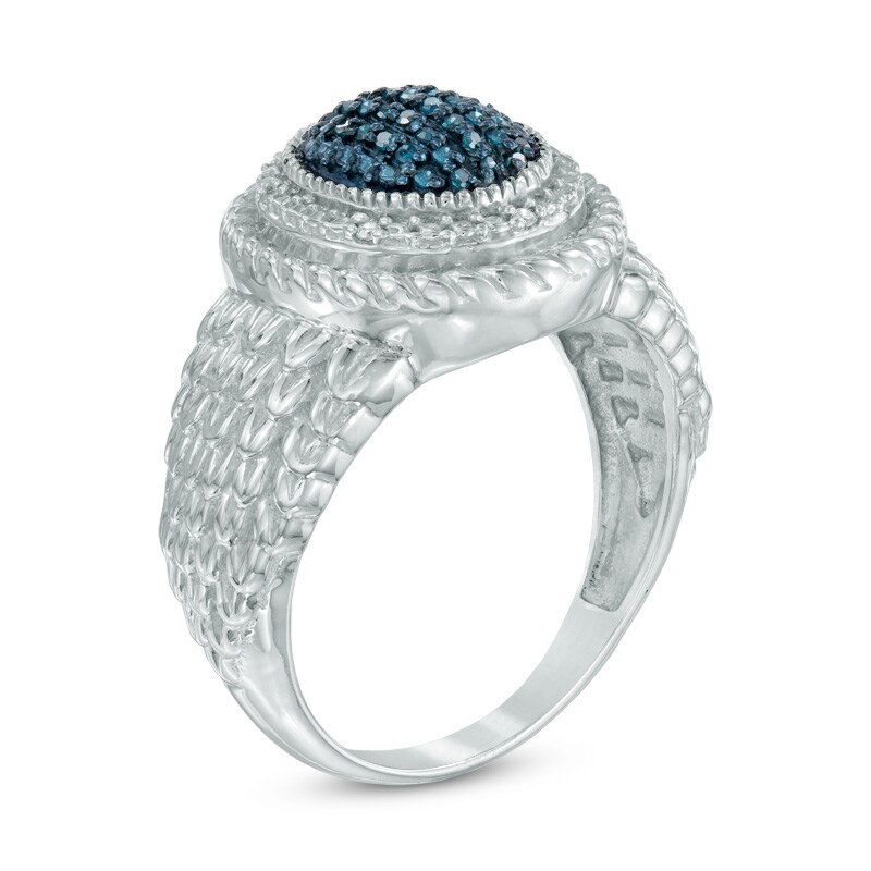 1/8 CT. T.W. Enhanced Blue and White Diamond Oval Framed Feathered Ring in Sterling Silver - Size 7