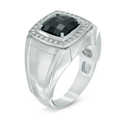 Men S 9 0mm Cushion Cut Black Onyx And 1 4 Ct T W Diamond Comfort Fit Ring In Sterling Silver Zales