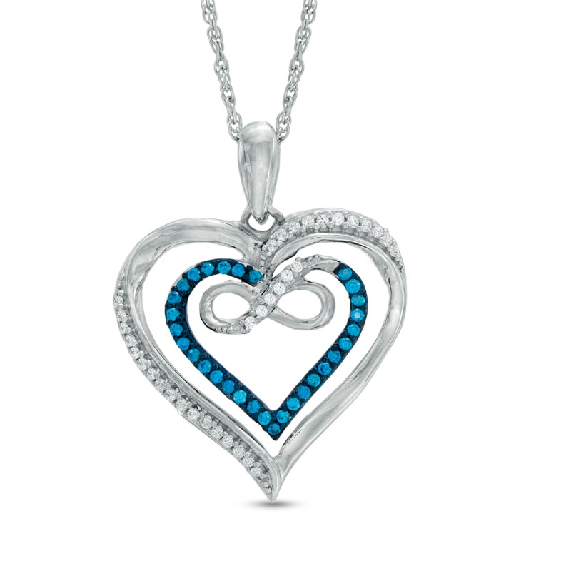 1/4 CT. T.W. Enhanced Blue and White Diamond Double Heart with Infinity Pendant in Sterling Silver
