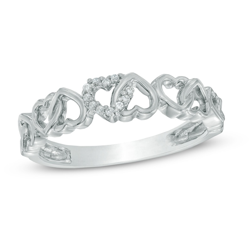 Main Image 1 of 1/20 CT. T.W. Diamond Alternating Hearts Ring in 10K White Gold
