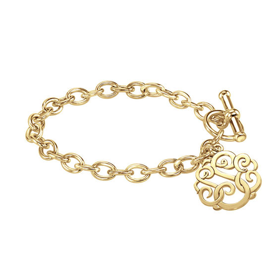 20mm Round Monogram Charm Toggle Bracelet In Sterling Silver With 20mm Round Monogram Charm Toggle Bracelet In Sterling Silver With 14k Gold Plate 3 Initials