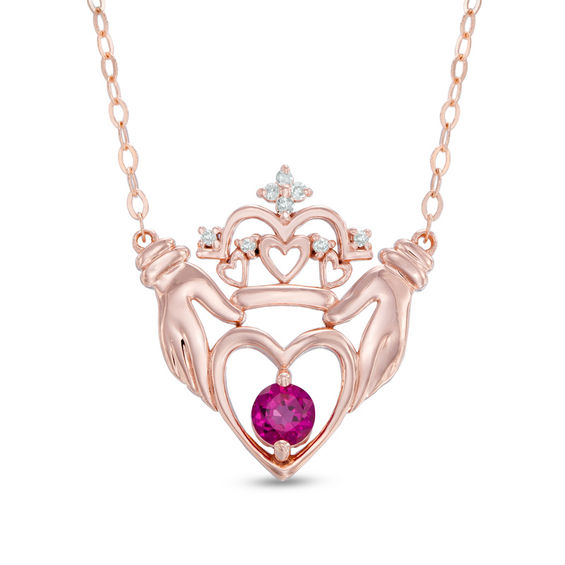 3.5mm Lab-Created Ruby and Diamond Accent Claddagh Necklace in 10K Rose ...