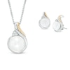 Thumbnail Image 0 of 7.0-8.0mm Cultured Freshwater Pearl and Diamond Accent Pendant and Drop Earrings Set in Sterling Silver and 14K Gold