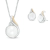 7.0-8.0mm Cultured Freshwater Pearl And Diamond Accent Pendant And Drop Earrings Set In Sterling Silver And 14K Gold