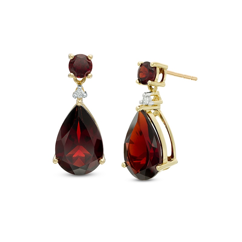 Main Image 1 of Pear-Shaped Garnet and Diamond Accent Drop Earrings in 10K Gold