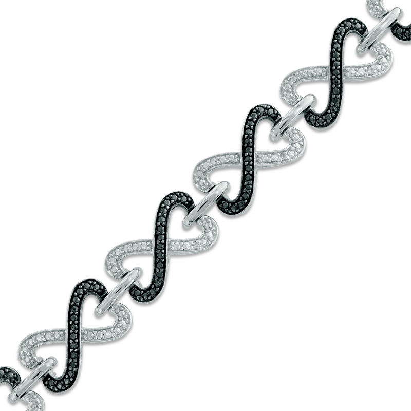 Main Image 1 of Enhanced Black and White Diamond Accent Heart-Shaped Infinity Link Bracelet in Sterling Silver - 7.25"