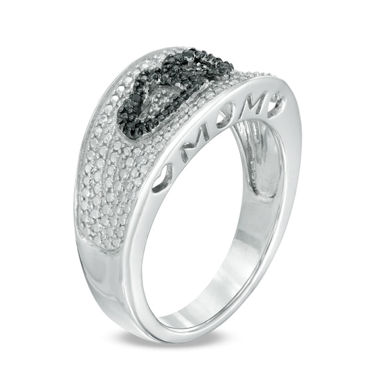 Download Enhanced Black and White Diamond Accent Beaded Hearts "MOM" Ring in Sterling Silver | Zales