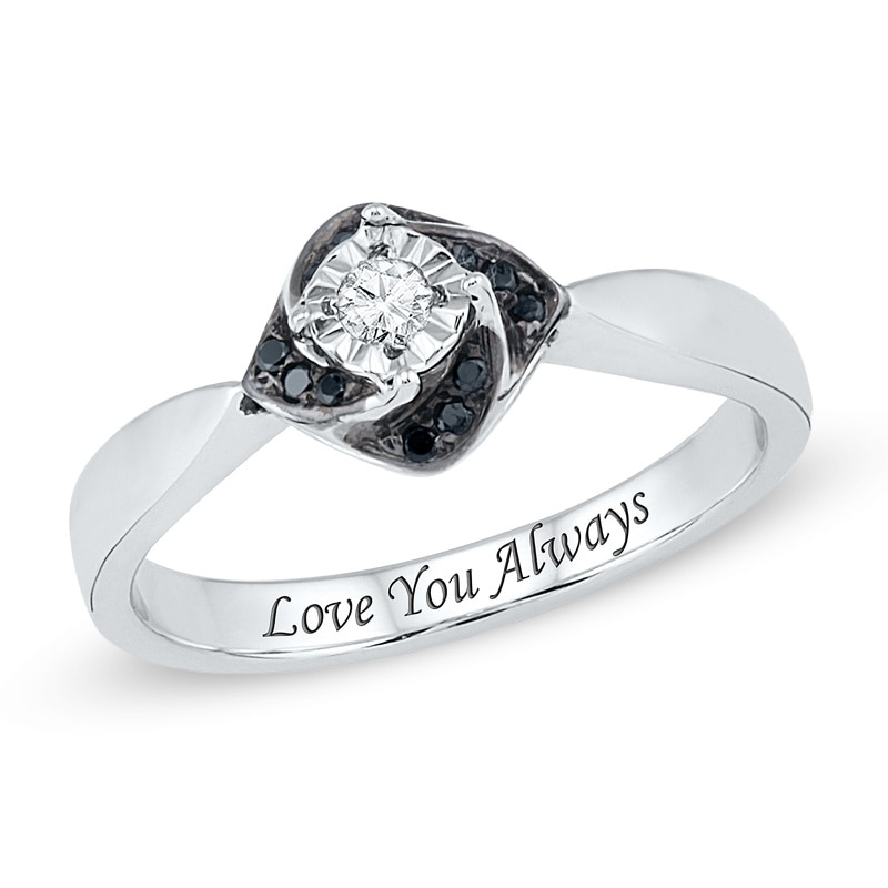 1/10 CT. T.W. Enhanced Black and White Diamond Flower Promise Ring in Sterling Silver (15 Characters)