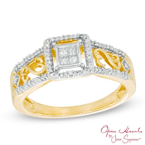 Open Hearts by Jane Seymour⢠1/6 CT. T.w. Quad Princess-Cut Diamond Frame Ring in 10K Gold