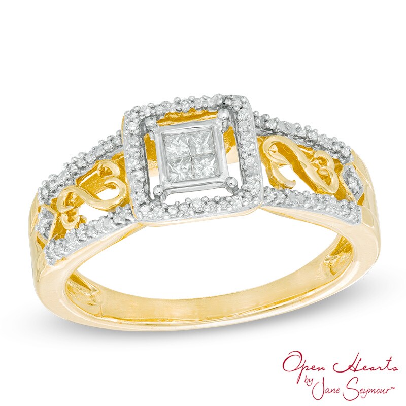 Main Image 1 of Open Hearts by Jane Seymour™ 1/6 CT. T.W. Quad Princess-Cut Diamond Frame Ring in 10K Gold