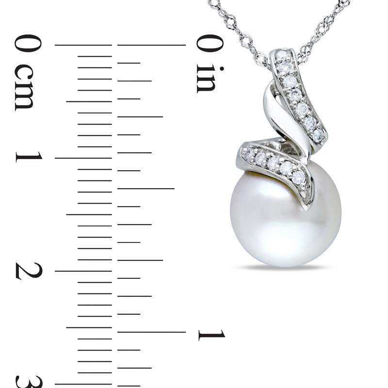 9.5 - 10.0mm Cultured South Sea Pearl and 1/10 CT. T.W. Diamond Swirl Pendant in 14K White Gold - 17"