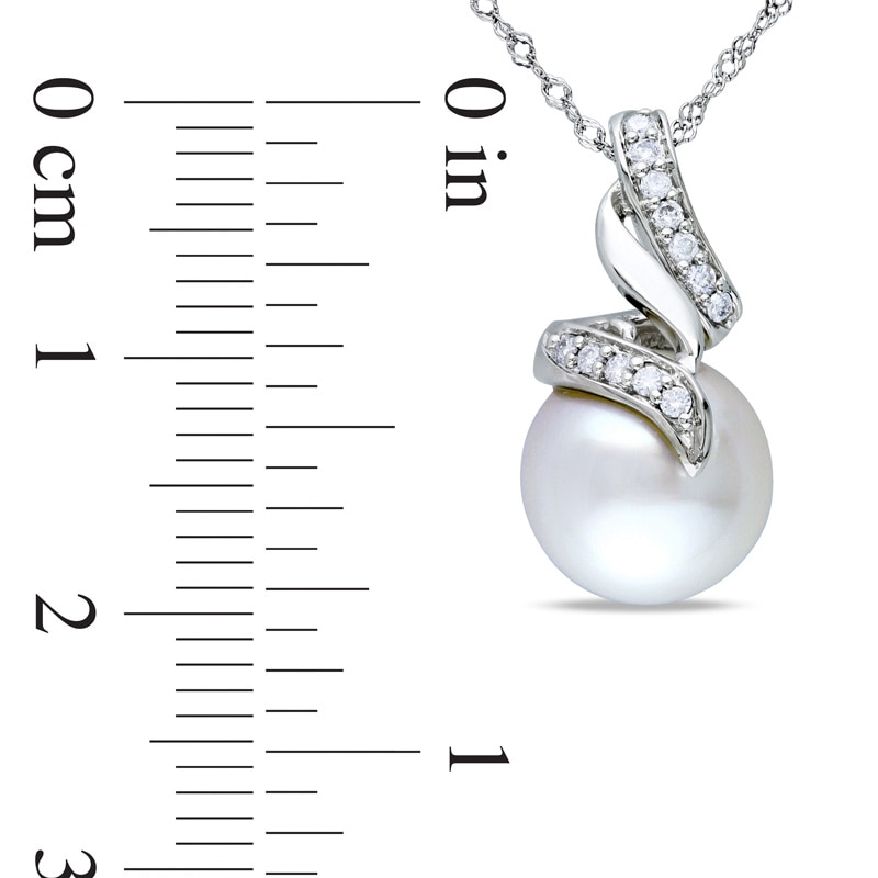 Main Image 3 of 9.5-10.0mm South Sea Cultured Pearl and 1/10 CT. T.W. Diamond Swirl Pendant in 14K White Gold-17&quot;