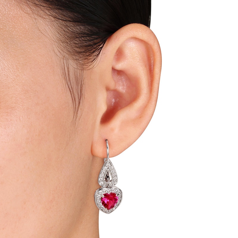 7.0mm Heart-Shaped Lab-Created Ruby and White Sapphire Frame Drop Earrings in Sterling Silver
