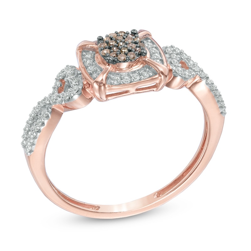 1/5 CT. T.W. Composite Champagne and White Diamond Frame Promise Ring in 10K Rose Gold
