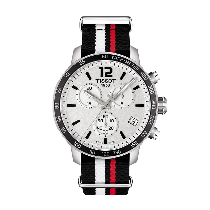 Main Image 1 of Men's Tissot Quickster NATO Chronograph Strap Watch with Silver-Tone Dial (Model: T095.417.17.037.01)