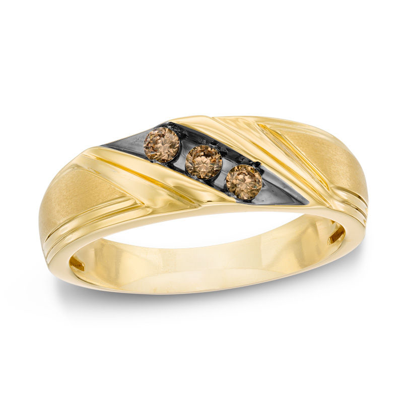 Main Image 1 of 1/4 CT. T.W. Champagne Diamond Three Stone Slant Band in 10K Gold