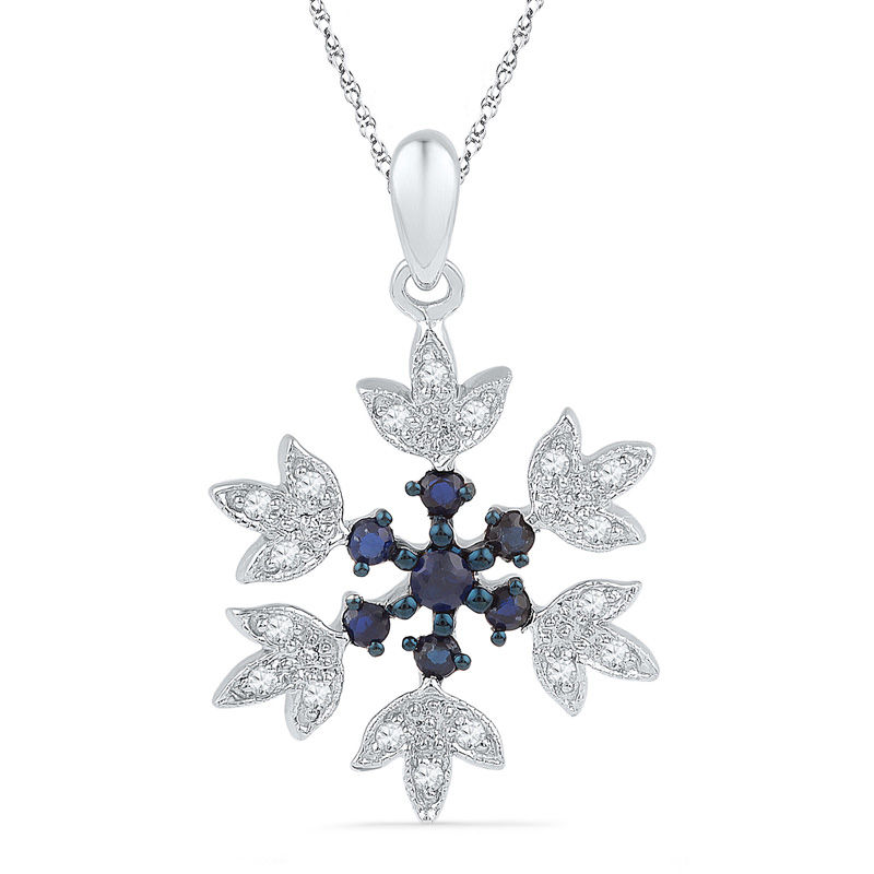 Lab-Created Blue Sapphire and 1/20 CT. T.W. Diamond Snowflake Pendant in Sterling Silver