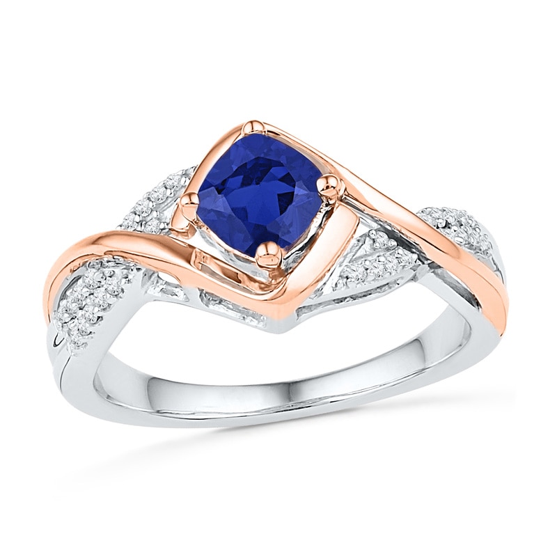 Main Image 1 of 5.0mm Cushion-Cut Lab-Created Blue Sapphire and Diamond Accent Ring in Sterling Silver and 10K Rose Gold