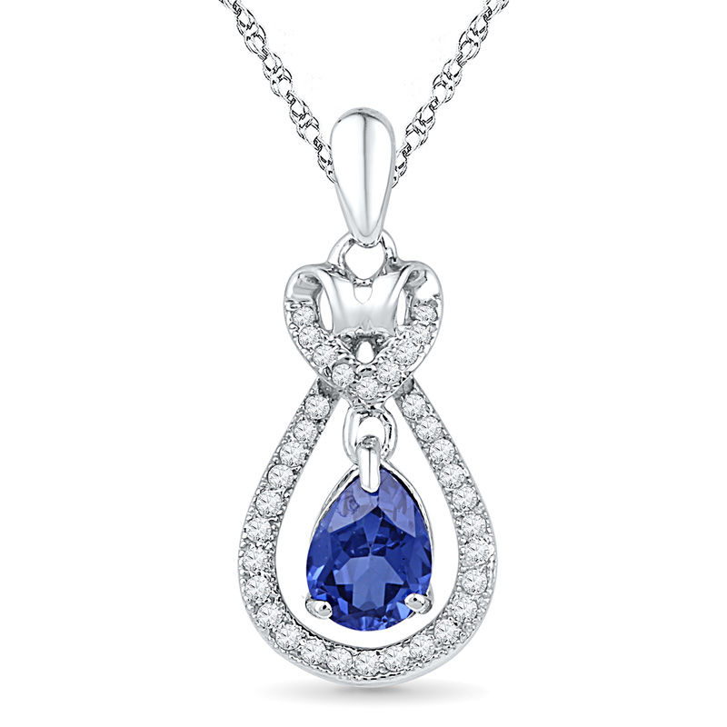 Pear-Shaped Lab-Created Blue Sapphire and 1/6 CT. T.W. Diamond Pendant in 10K White Gold