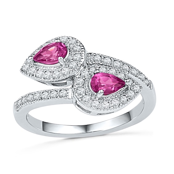Pear-Shaped Lab-Created Pink Sapphire and 1/3 CT. T.w. Diamond Frame Bypass Ring in Sterling Silver