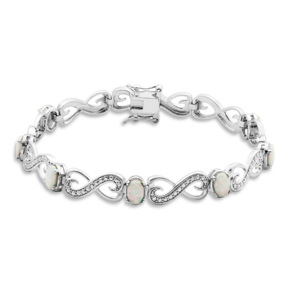 Oval Lab-Created Opal and Diamond Accent Bracelet in Sterling Silver ...