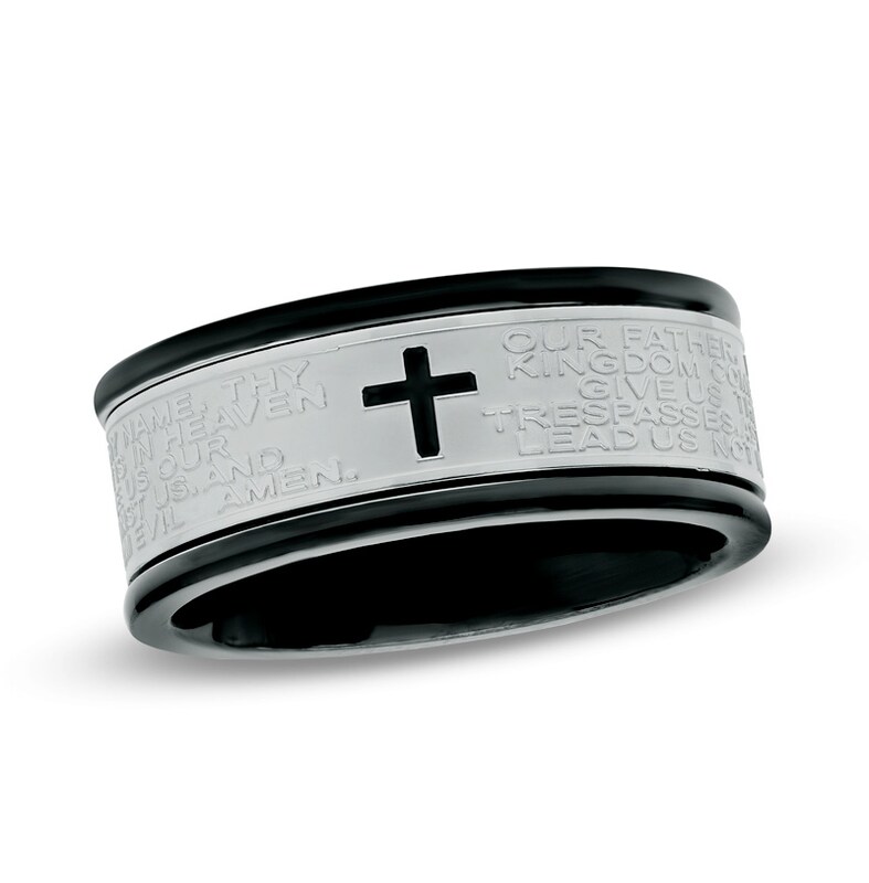 Men's 9.0mm Lord's Prayer Cross Comfort Fit Spinner Wedding Band in Stainless Steel and Black IP