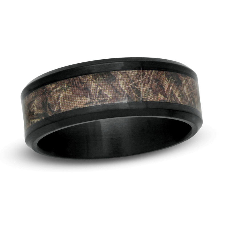 Main Image 1 of Men's 8.0mm Black Stainless Steel Dark Camouflage Inlay Comfort Fit Wedding Band
